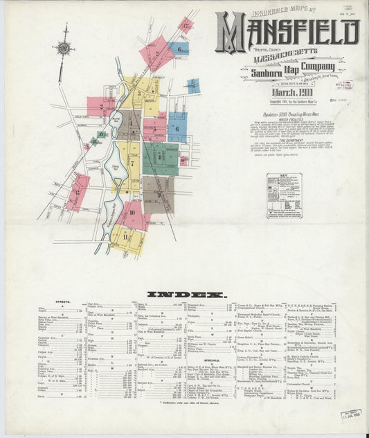Sanborn Fire Insurance Map from Mansfield, Bristol County, Massachusetts (1911), Sheet #0001 - Historic Sanborn Fire Insurance Map Print, vintage old map wall art, antique decor, genealogy gift, Massachusetts Massachusetts map