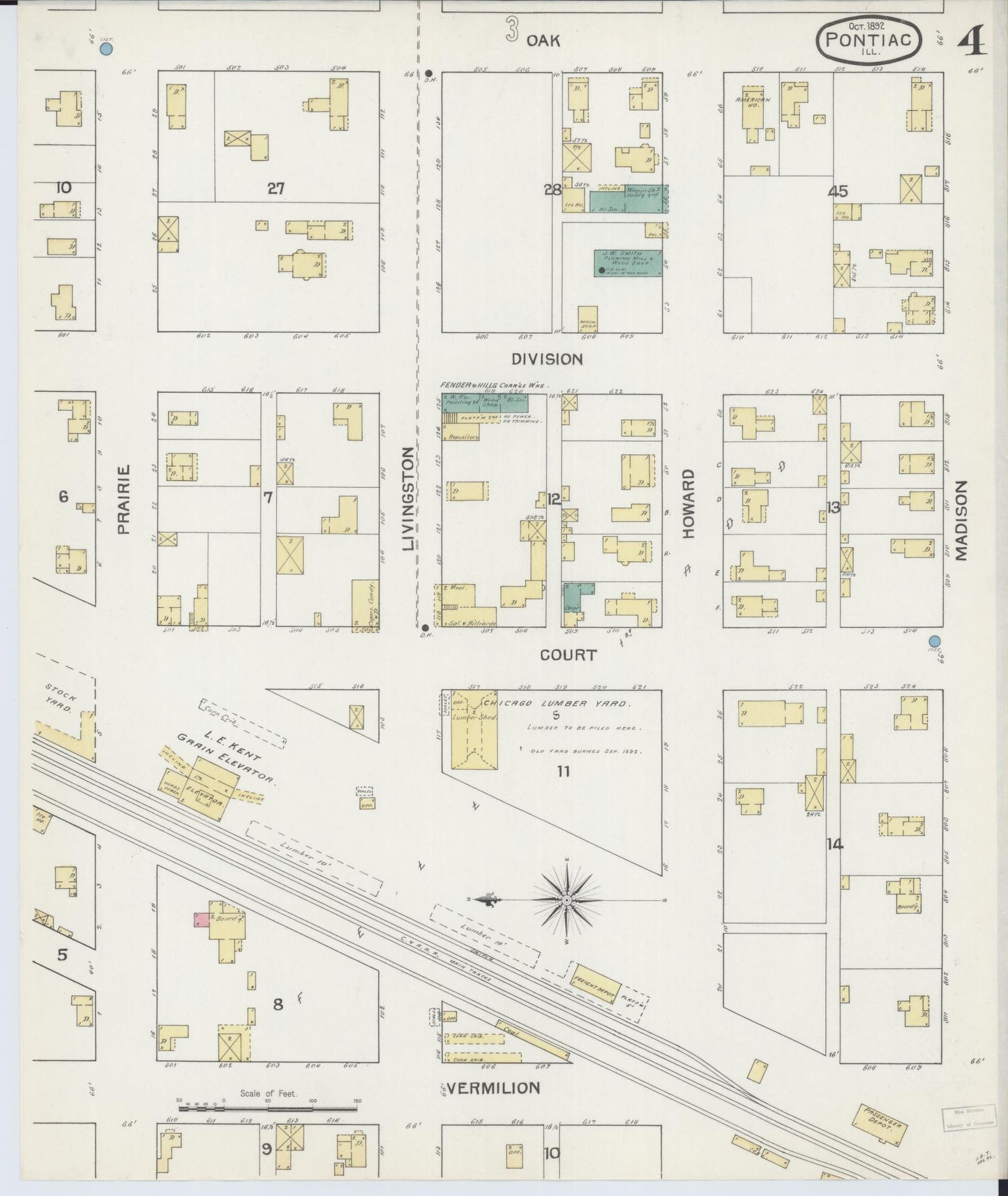 Sanborn Fire Insurance Map from Pontiac, Livingston County, Illinois (1892), Sheet #0004 - Complete Map Set gallery image, historic Sanborn map, vintage wall art, Illinois Illinois