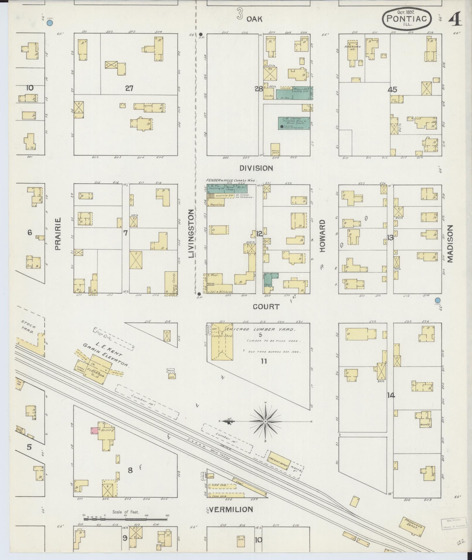 Sanborn Fire Insurance Map from Pontiac, Livingston County, Illinois (1892), Sheet #0004 - Complete Map Set gallery image, historic Sanborn map, vintage wall art, Illinois Illinois