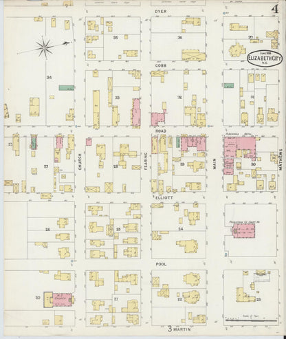 Sanborn Fire Insurance Map from Elizabeth City, Pasquotank County, North Carolina (1896), Sheet #0004 - Historic Sanborn Fire Insurance Map Print, vintage old map wall art, antique decor, genealogy gift, North Carolina North Carolina map