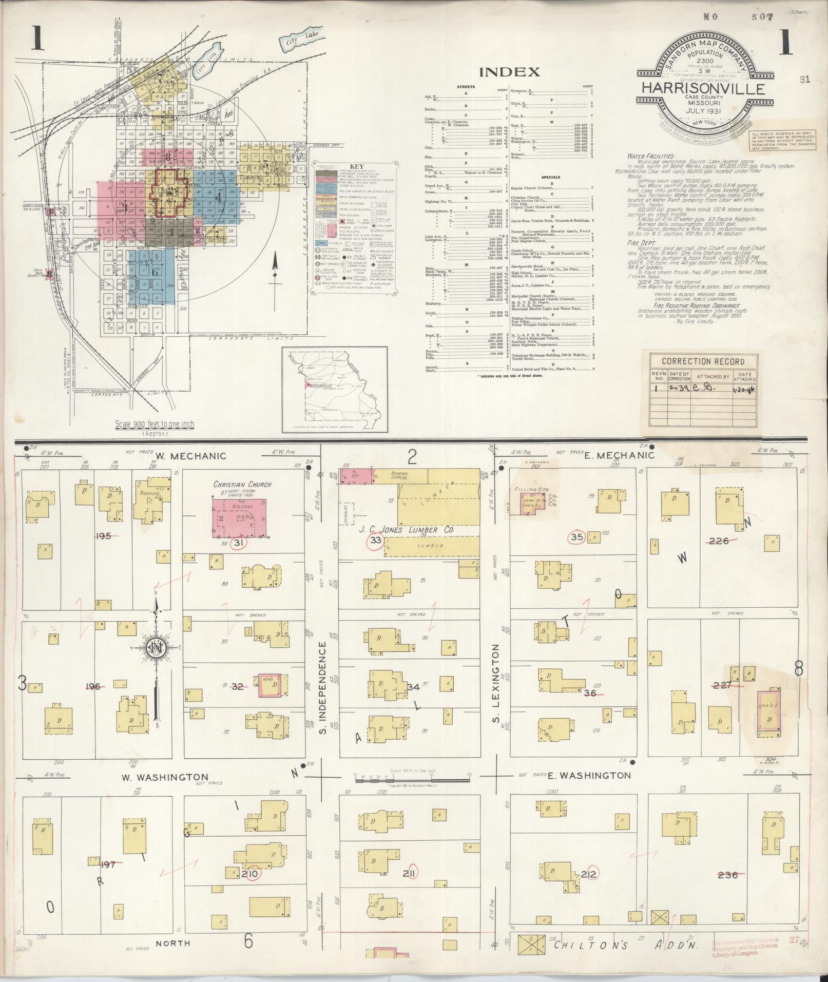 Sanborn Fire Insurance Map from Harrisonville, Cass County, Missouri (1939), Sheet #0001 - Historic Sanborn Fire Insurance Map Print, vintage old map wall art, antique decor, genealogy gift, Missouri Missouri map