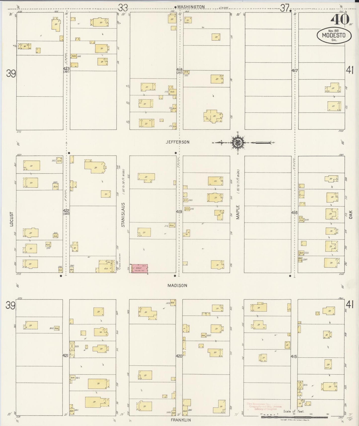 Sanborn Fire Insurance Map from Modesto, Stanislaus County, California (1919), Sheet #0040 - Complete Map Set gallery image, historic Sanborn map, vintage wall art, California California
