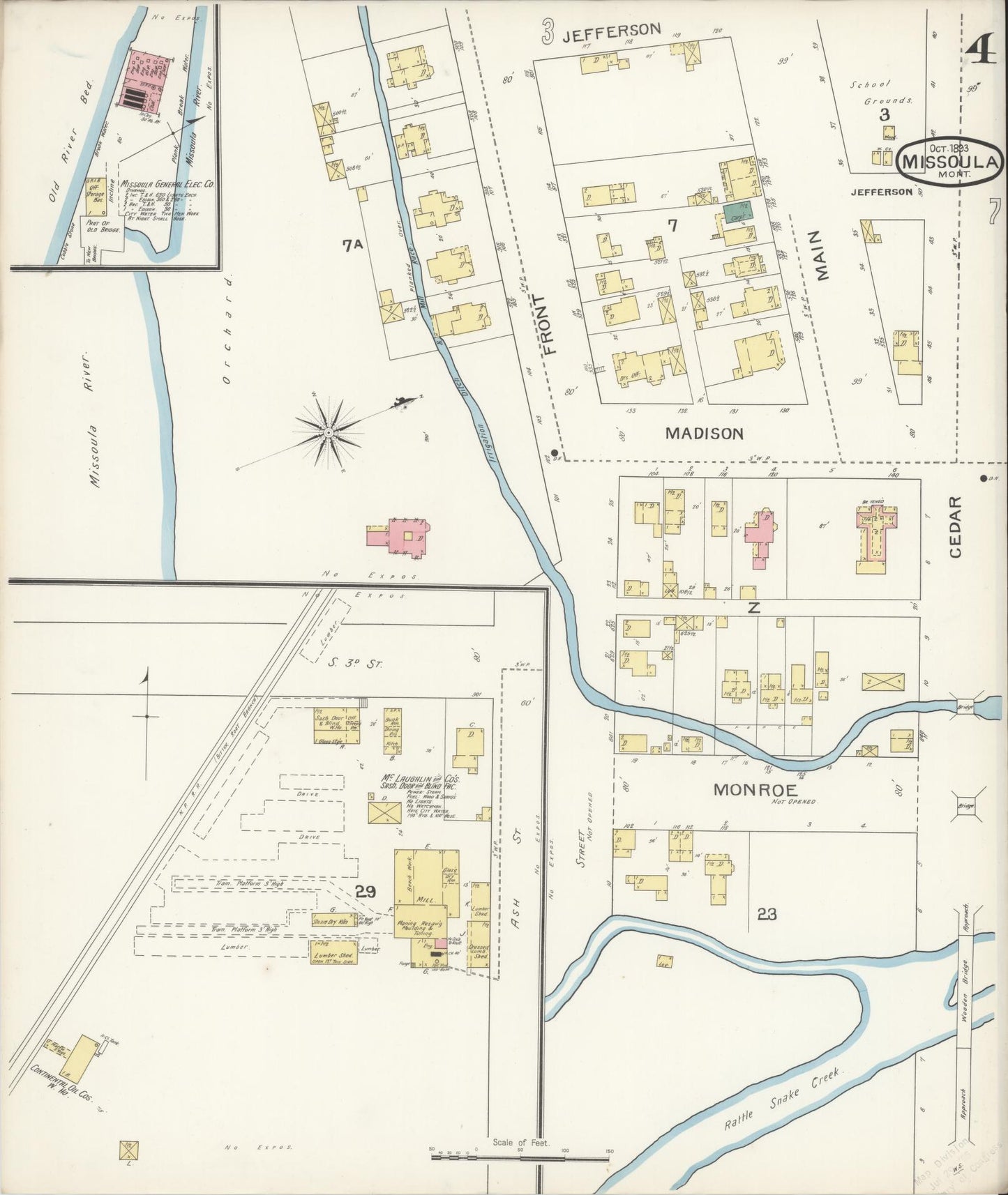 Sanborn Fire Insurance Map from Missoula, Missoula County, Montana (1893), Sheet #0004 - Historic Sanborn Fire Insurance Map Print, vintage old map wall art, antique decor, genealogy gift, Montana Montana map