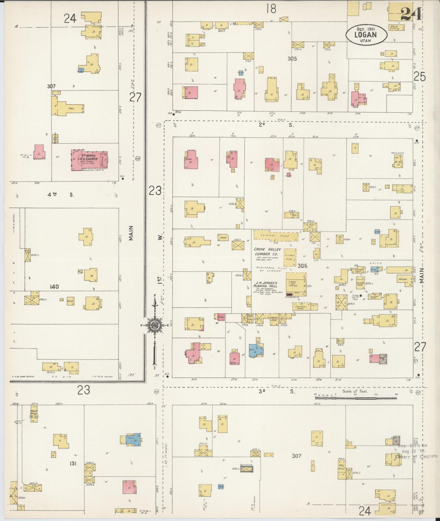 Sanborn Fire Insurance Map from Logan, Cache County, Utah (1911), Sheet #0024 - Historic Sanborn Fire Insurance Map Print, vintage old map wall art, antique decor, genealogy gift, Utah Utah map