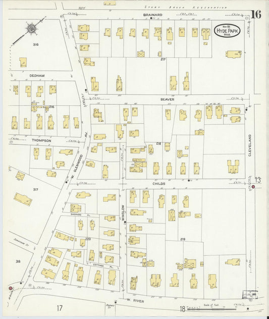 Sanborn Fire Insurance Map from Hyde Park, Norfolk County, Massachusetts (1911), Sheet #0016 - Historic Sanborn Fire Insurance Map Print, vintage old map wall art, antique decor, genealogy gift, Massachusetts Massachusetts map