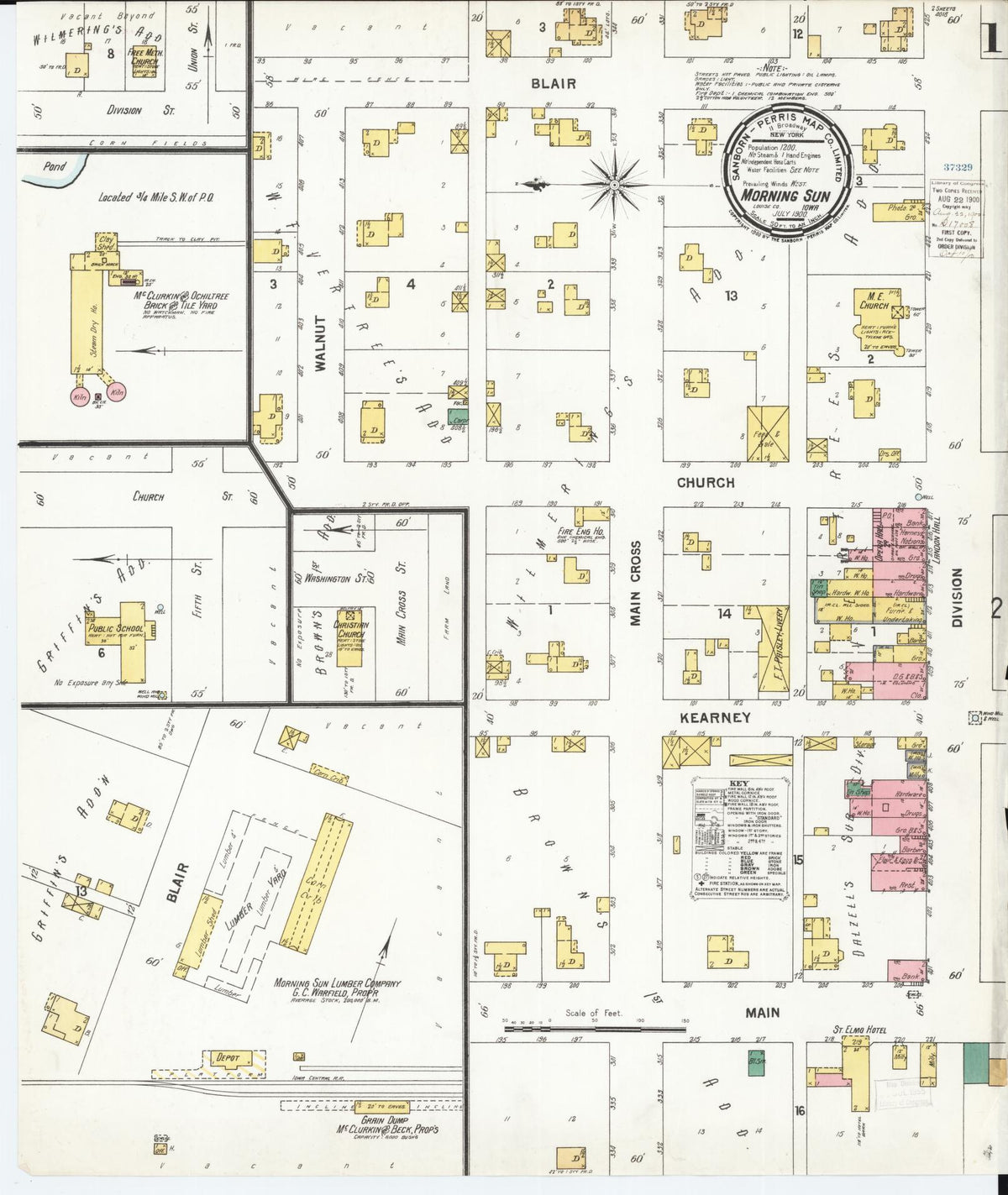 Sanborn Fire Insurance Map from Morning Sun, Louisa County, Iowa (1900), Sheet #0001 - Historic Sanborn Fire Insurance Map Print, vintage old map wall art