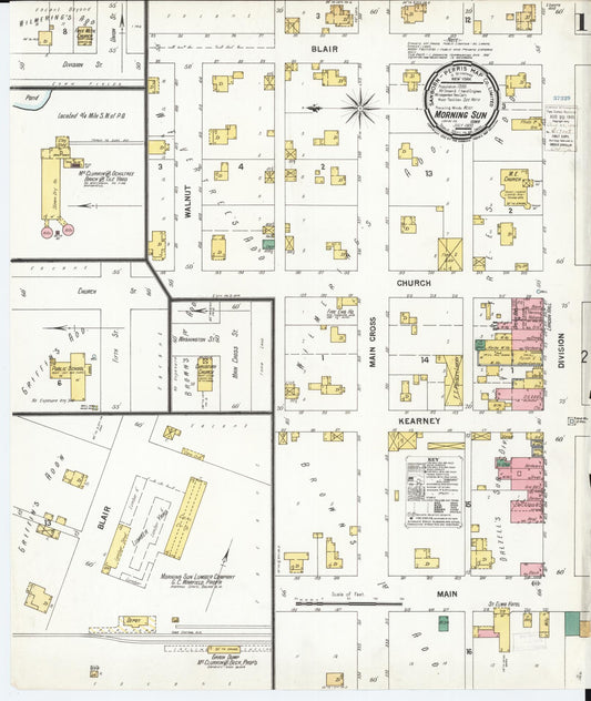 Sanborn Fire Insurance Map from Morning Sun, Louisa County, Iowa (1900), Sheet #0001 - Historic Sanborn Fire Insurance Map Print, vintage old map wall art