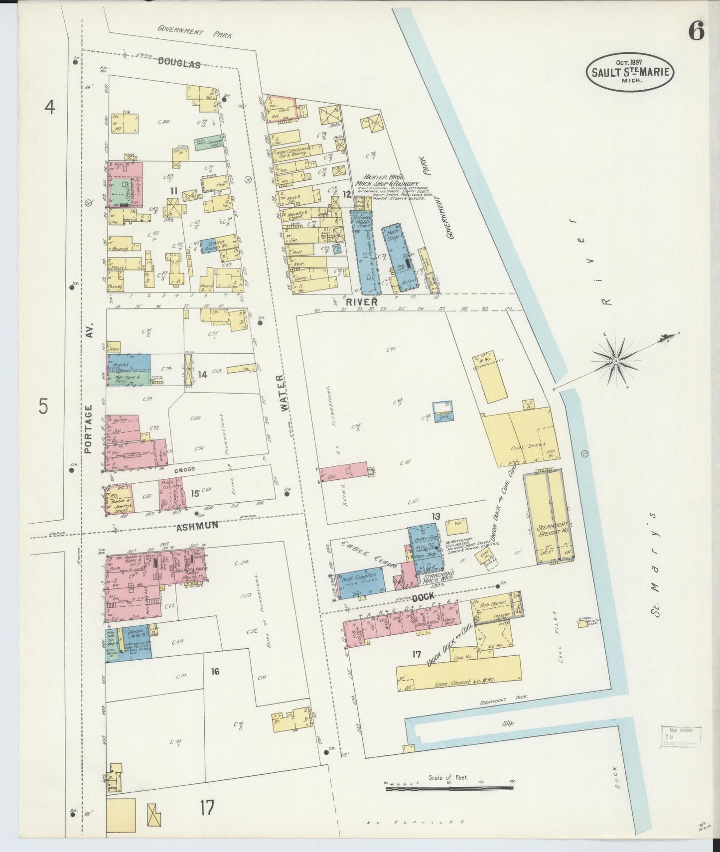 Sanborn Fire Insurance Map from Sault Sainte Marie, Chippewa County, Michigan (1897), Sheet #0006 - Complete Map Set gallery image, historic Sanborn map, vintage wall art, Michigan Michigan