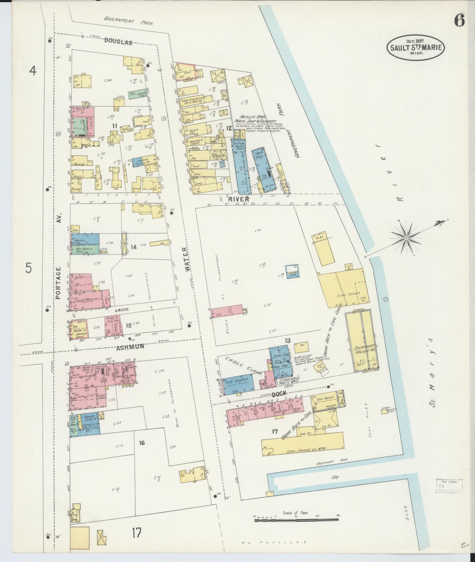 Sanborn Fire Insurance Map from Sault Sainte Marie, Chippewa County, Michigan (1897), Sheet #0006 - Complete Map Set gallery image, historic Sanborn map, vintage wall art, Michigan Michigan