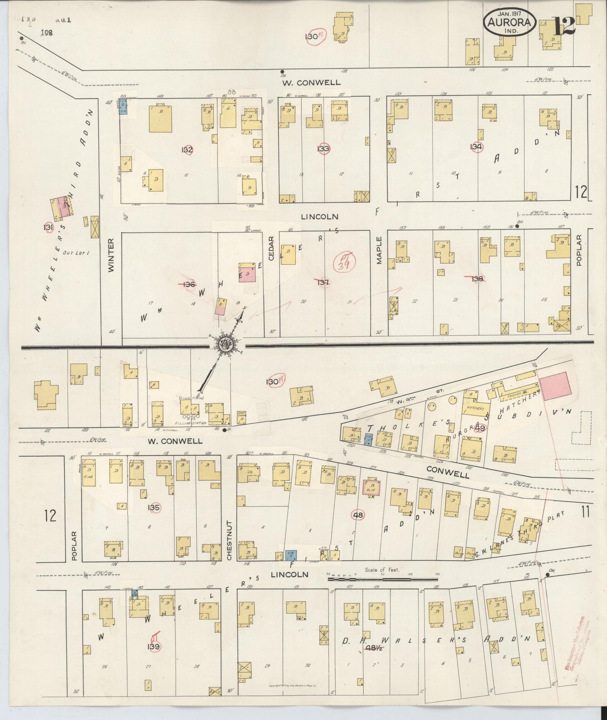 Sanborn Fire Insurance Map from Aurora, Dearborn County, Indiana (1935), Sheet #0012 - Historic Sanborn Fire Insurance Map Print, vintage old map wall art, antique decor, genealogy gift, Indiana Indiana map