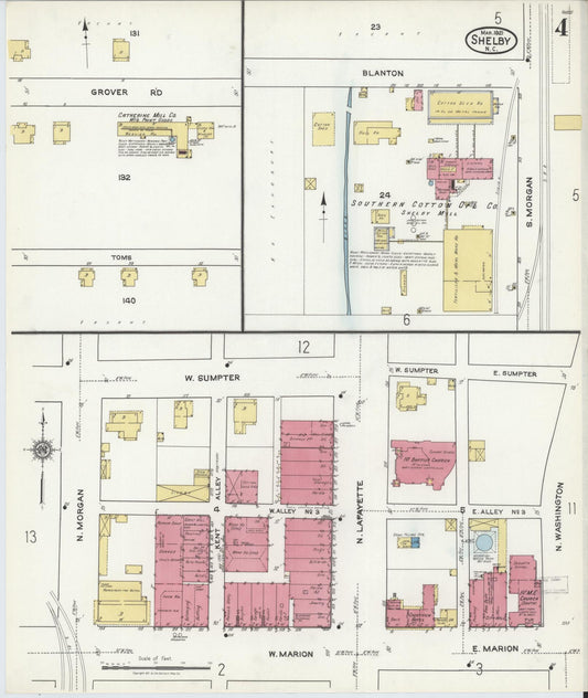 Sanborn Fire Insurance Map from Shelby, Cleveland County, North Carolina (1921), Sheet #0004 - Historic Sanborn Fire Insurance Map Print, vintage old map wall art, antique decor, genealogy gift, North Carolina North Carolina map