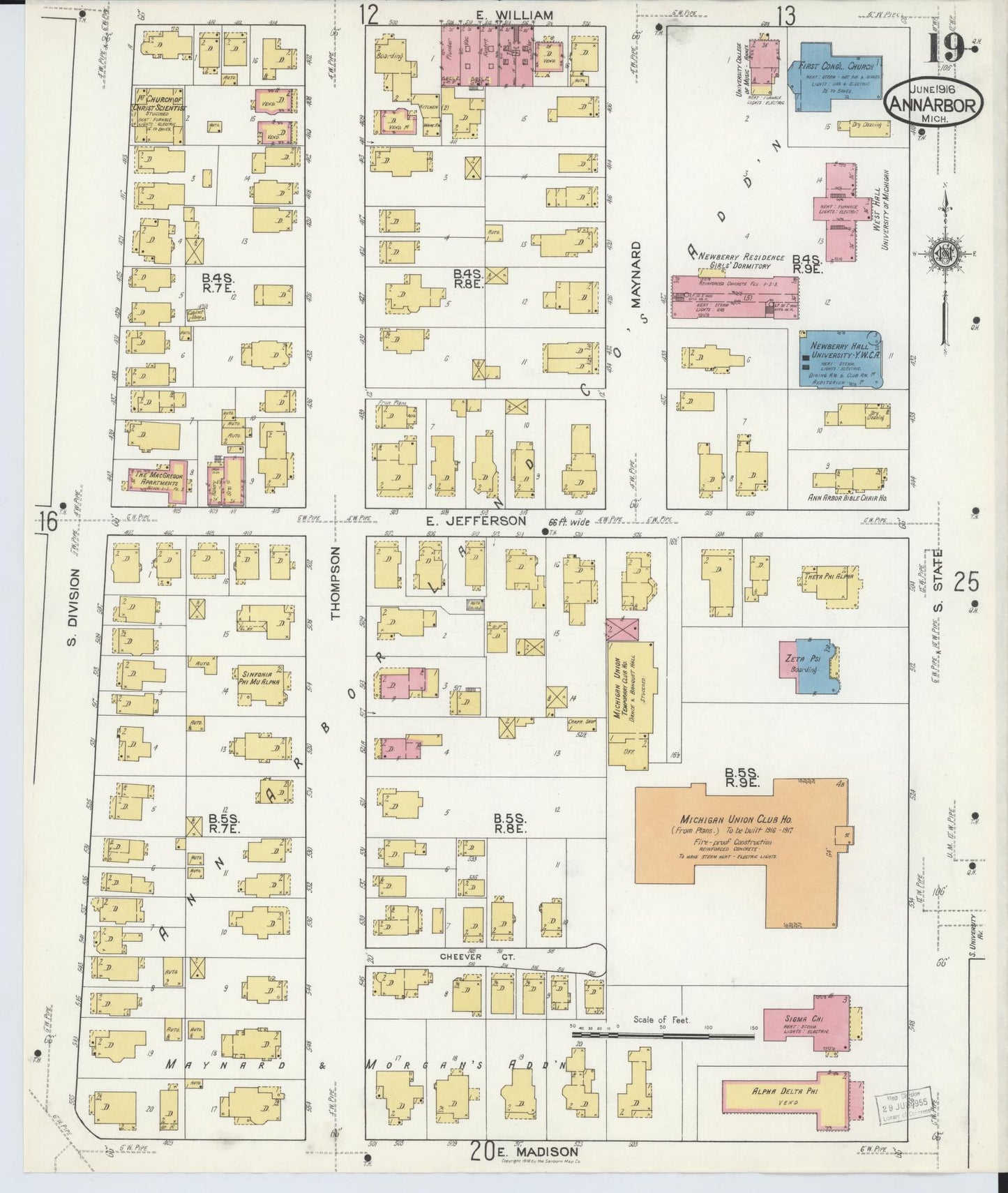 Sanborn Fire Insurance Map from Ann Arbor, Washtenaw County, Michigan (1916), Sheet #0019 - Historic Sanborn Fire Insurance Map Print, vintage old map wall art, antique decor, genealogy gift, Michigan Michigan map