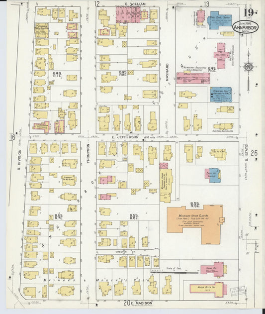Sanborn Fire Insurance Map from Ann Arbor, Washtenaw County, Michigan (1916), Sheet #0019 - Historic Sanborn Fire Insurance Map Print, vintage old map wall art, antique decor, genealogy gift, Michigan Michigan map