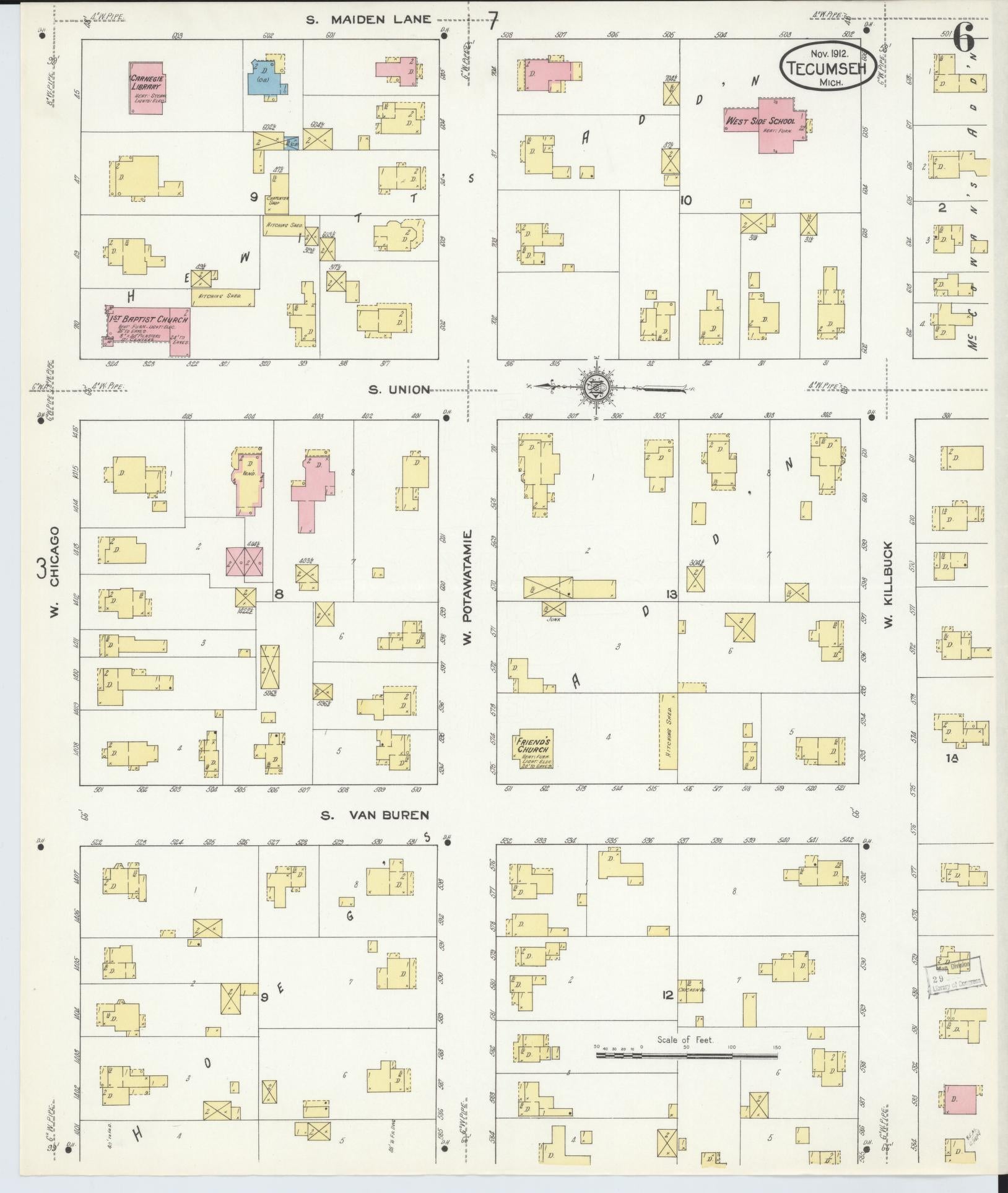 Sanborn Fire Insurance Map from Tecumseh, Lenawee County, Michigan (1912), Sheet #0006 - Historic Sanborn Fire Insurance Map Print, vintage old map wall art, antique decor, genealogy gift, Michigan Michigan map