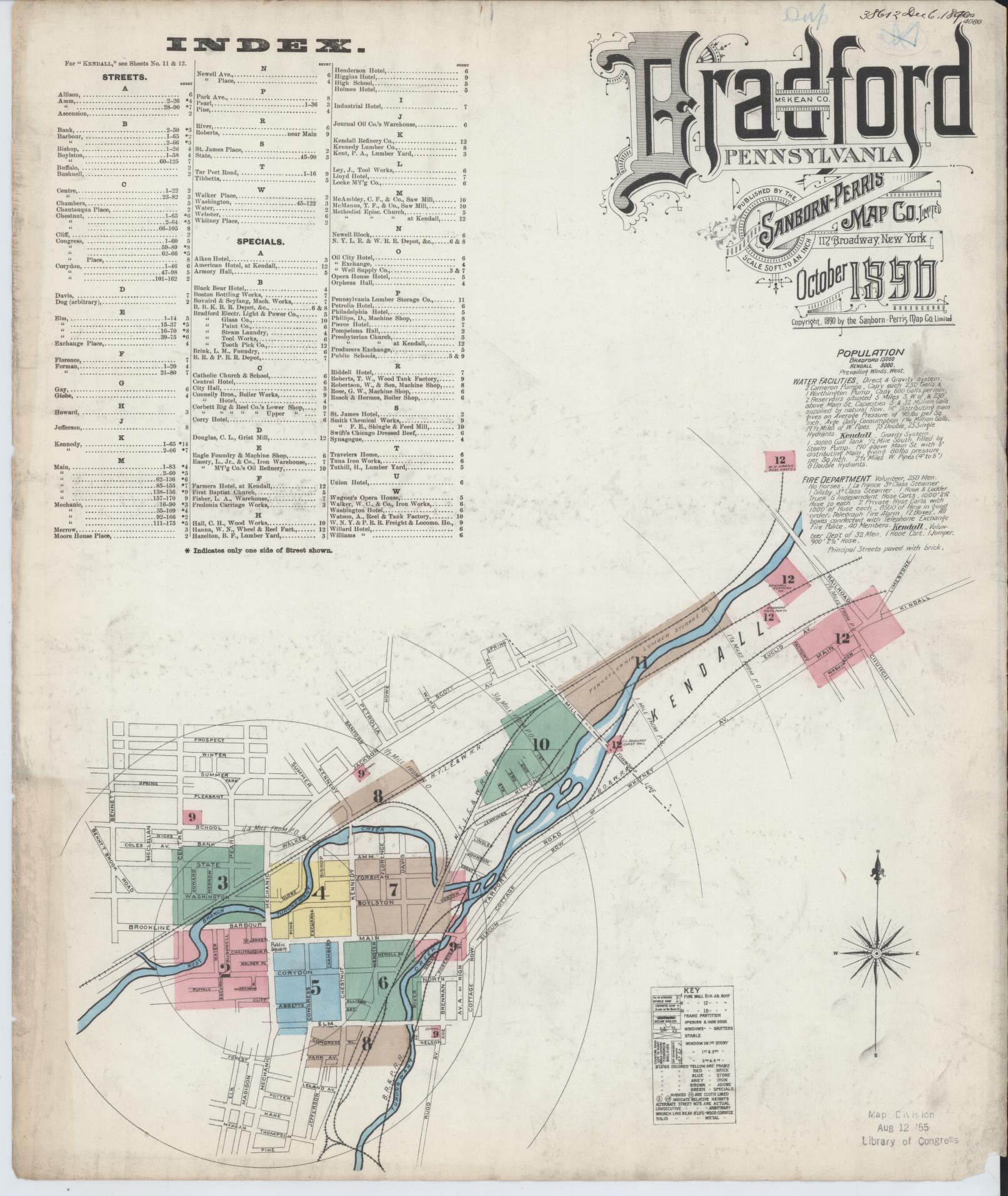 Sanborn Fire Insurance Map from Bradford, McKean County, Pennsylvania (1890), Sheet #0001 - Historic Sanborn Fire Insurance Map Print, vintage old map wall art, antique decor, genealogy gift, Pennsylvania Pennsylvania map