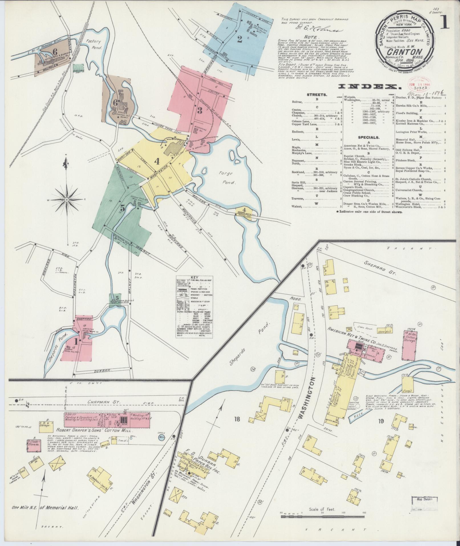Sanborn Fire Insurance Map from Canton, Norfolk County, Massachusetts (1896), Sheet #0001 - Complete Map Set gallery image, historic Sanborn map, vintage wall art, Massachusetts Massachusetts