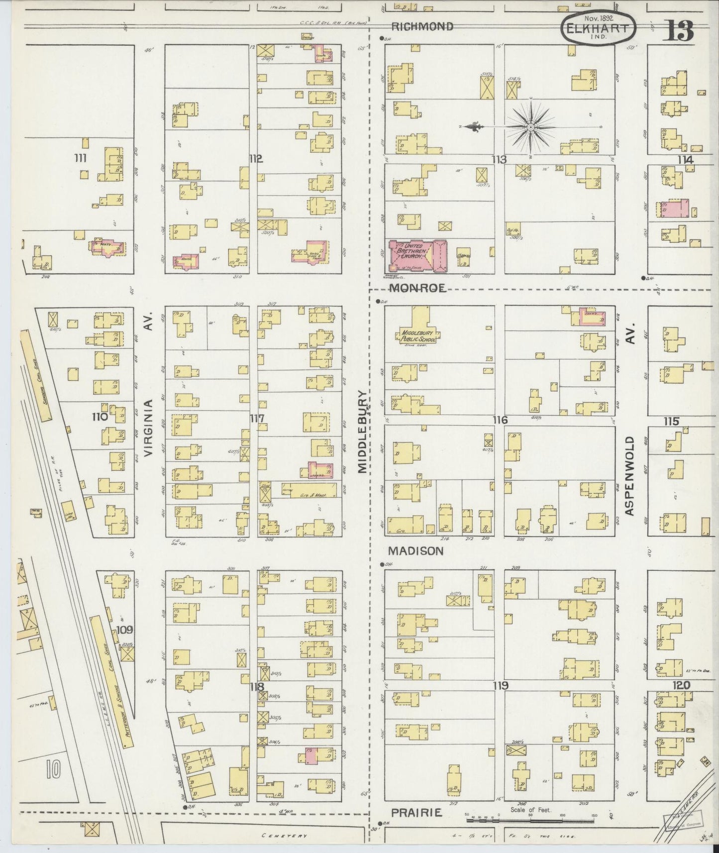 Sanborn Fire Insurance Map from Elkhart, Elkhart County, Indiana (1892), Sheet #0013 - Historic Sanborn Fire Insurance Map Print, vintage old map wall art, antique decor, genealogy gift, Indiana Indiana map