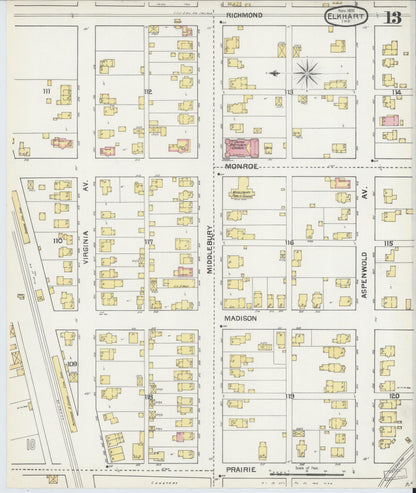 Sanborn Fire Insurance Map from Elkhart, Elkhart County, Indiana (1892), Sheet #0013 - Historic Sanborn Fire Insurance Map Print, vintage old map wall art, antique decor, genealogy gift, Indiana Indiana map