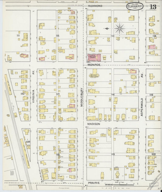 Sanborn Fire Insurance Map from Elkhart, Elkhart County, Indiana (1892), Sheet #0013 - Historic Sanborn Fire Insurance Map Print, vintage old map wall art, antique decor, genealogy gift, Indiana Indiana map