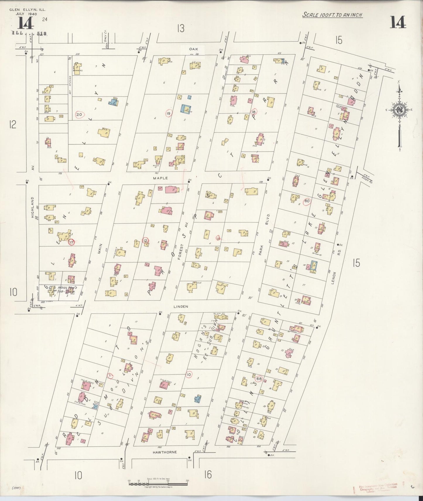 Sanborn Fire Insurance Map from Glen Ellyn, Du Page County, Illinois (1946), Sheet #0014 - Historic Sanborn Fire Insurance Map Print, vintage old map wall art, antique decor, genealogy gift, Illinois Illinois map