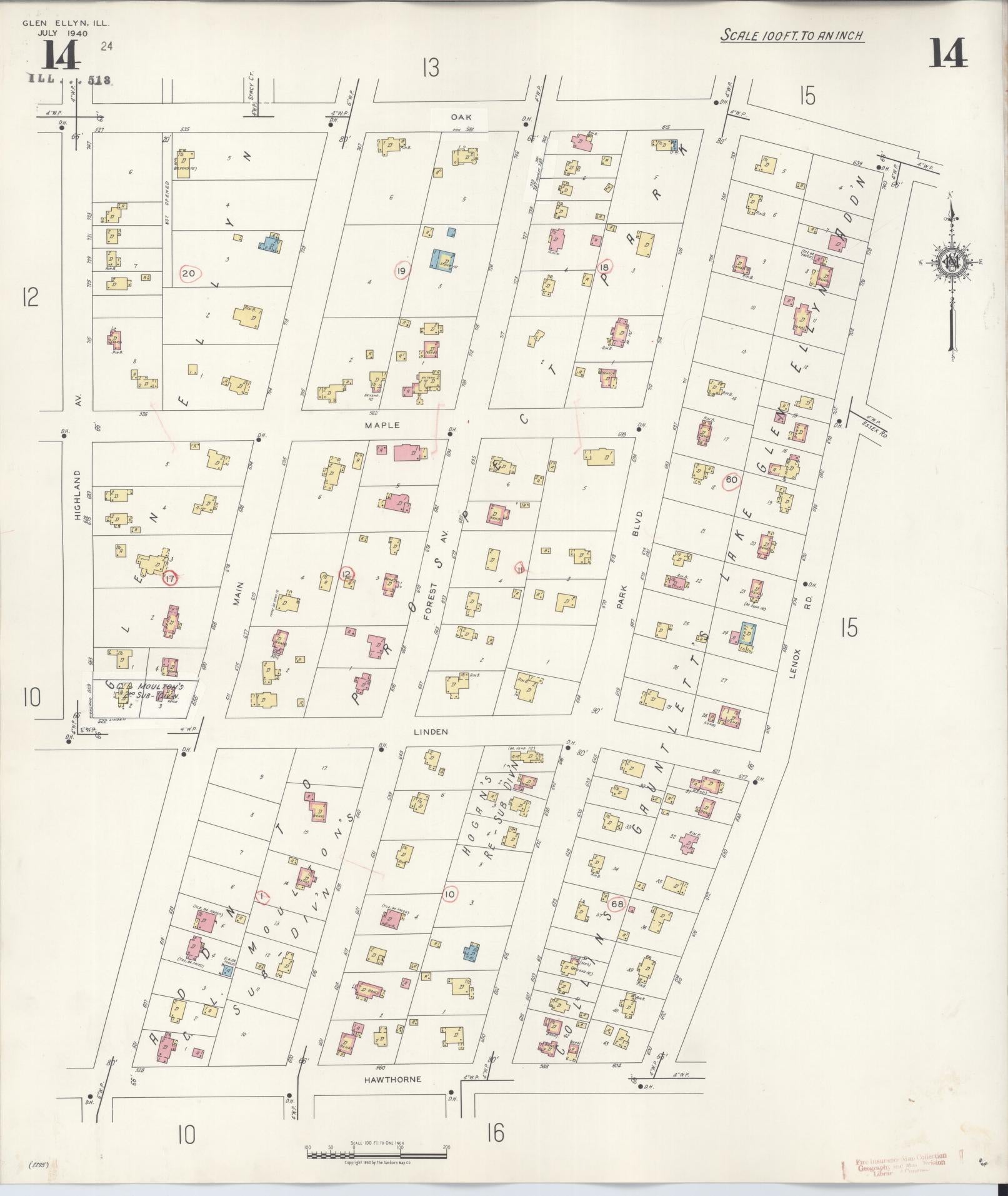 Sanborn Fire Insurance Map from Glen Ellyn, Du Page County, Illinois (1946), Sheet #0014 - Historic Sanborn Fire Insurance Map Print, vintage old map wall art, antique decor, genealogy gift, Illinois Illinois map