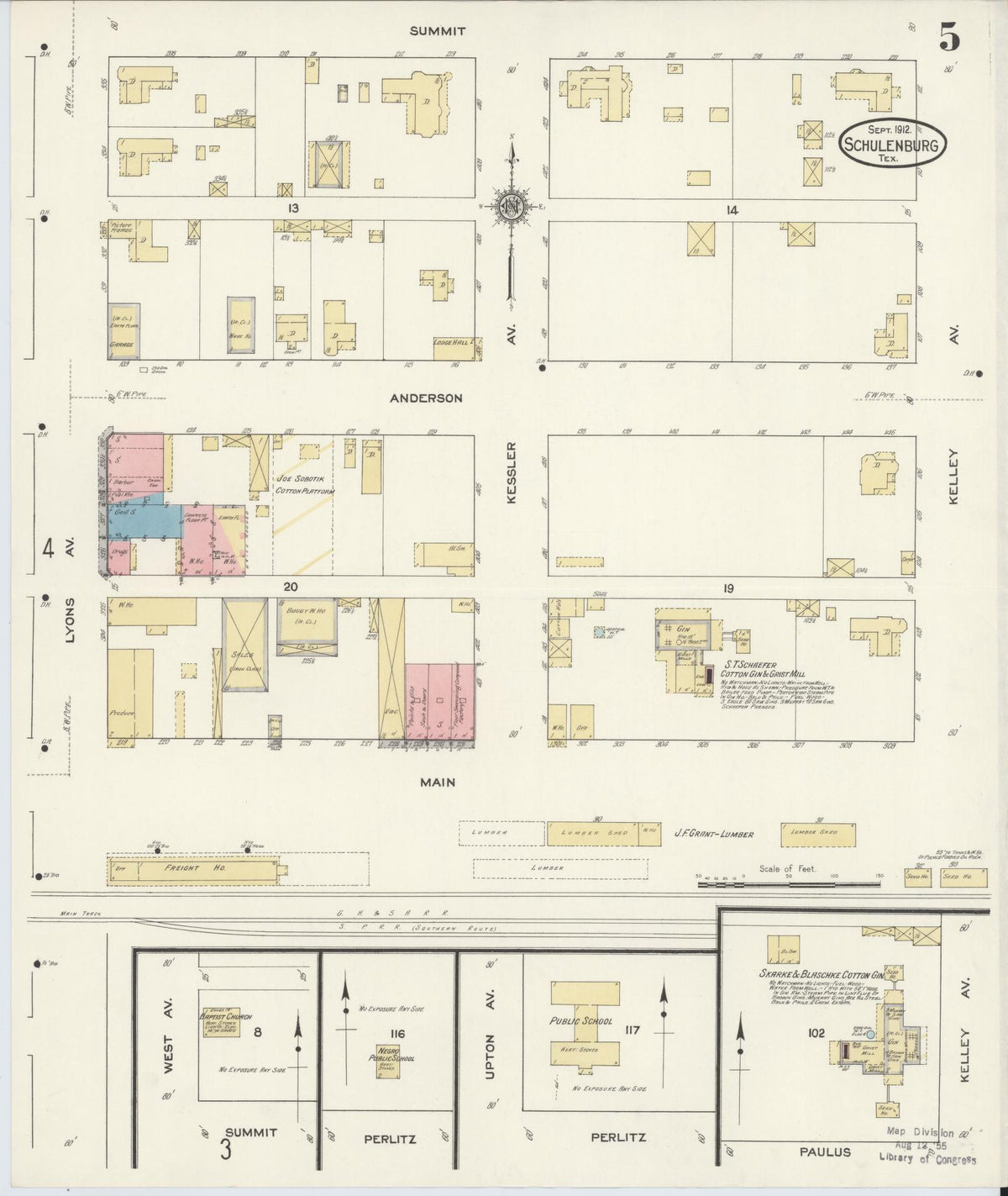 Sanborn Fire Insurance Map from Schulenburg, Fayette County, Texas (1912), Sheet #0005 - Complete Map Set gallery image, historic Sanborn map, vintage wall art, Texas Texas