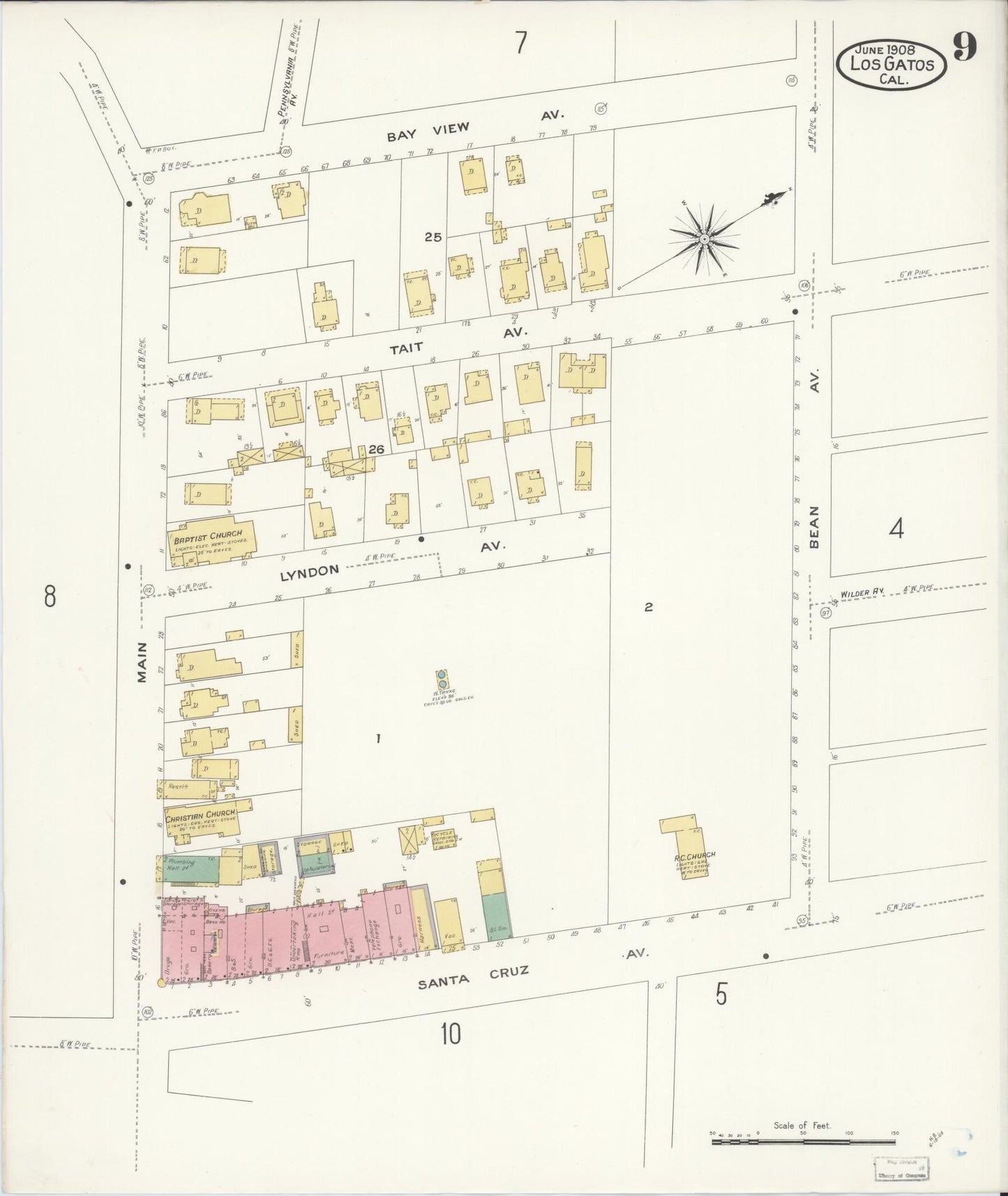 Sanborn Fire Insurance Map from Los Gatos, Santa Clara County, California (1908), Sheet #0009 - Historic Sanborn Fire Insurance Map Print, vintage old map wall art, antique decor, genealogy gift, California California map
