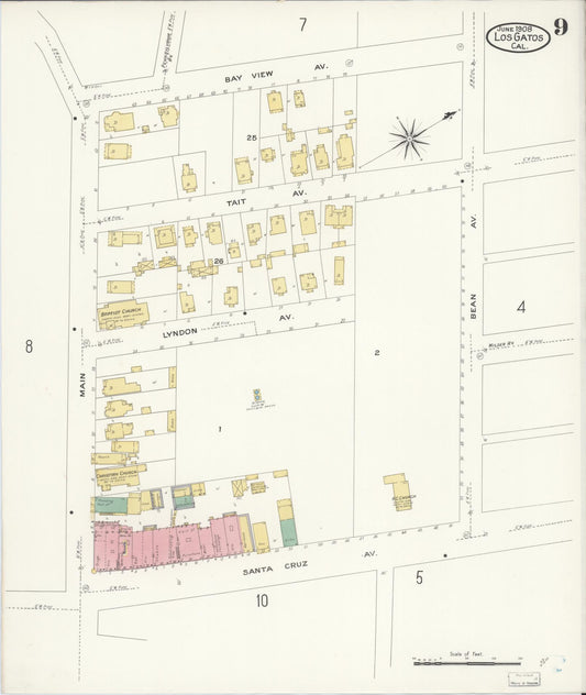 Sanborn Fire Insurance Map from Los Gatos, Santa Clara County, California (1908), Sheet #0009 - Historic Sanborn Fire Insurance Map Print, vintage old map wall art, antique decor, genealogy gift, California California map