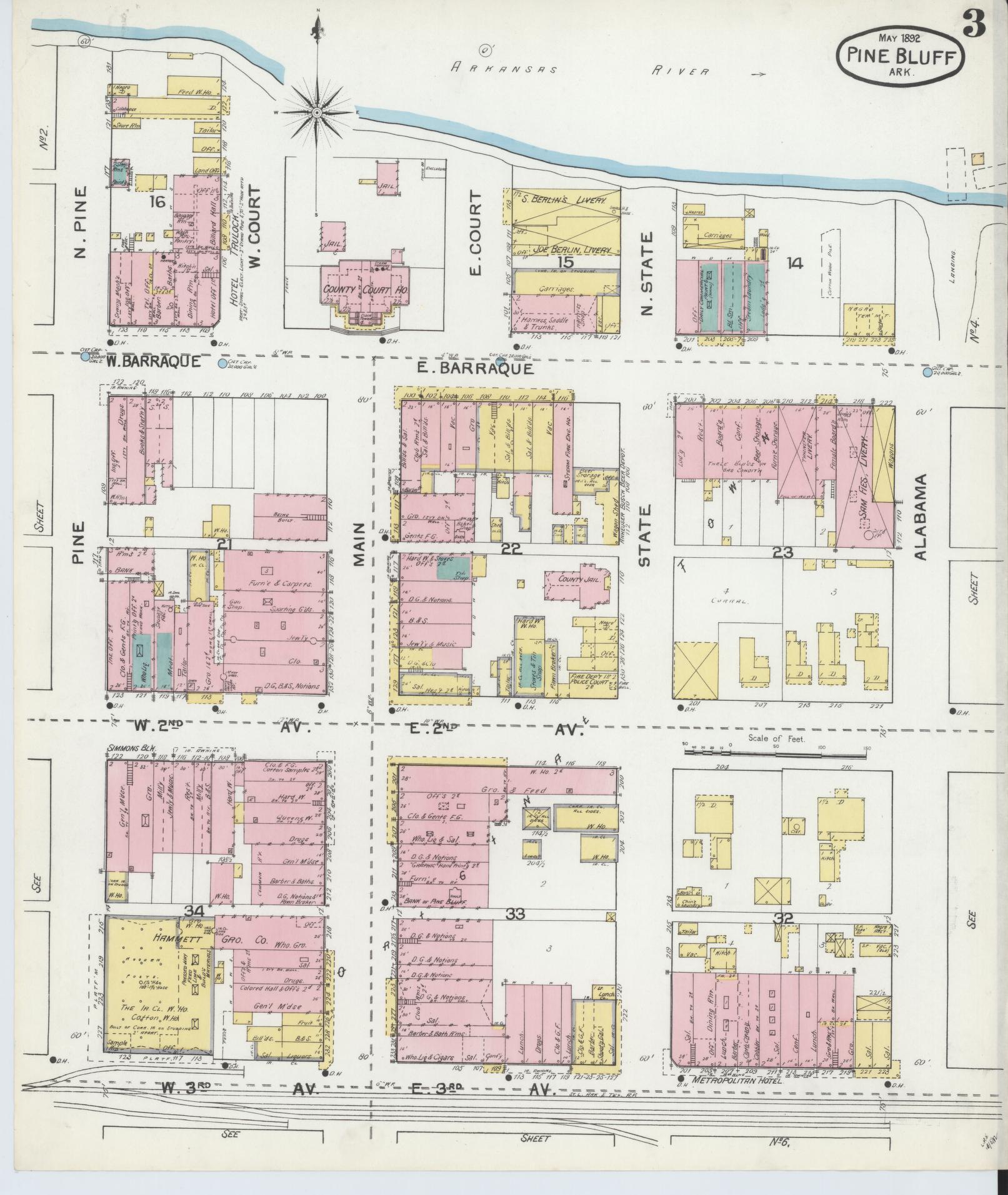 Sanborn Fire Insurance Map from Pine Bluff, Jefferson County, Arkansas (1892), Sheet #0003 - Complete Map Set gallery image, historic Sanborn map, vintage wall art, Arkansas Arkansas