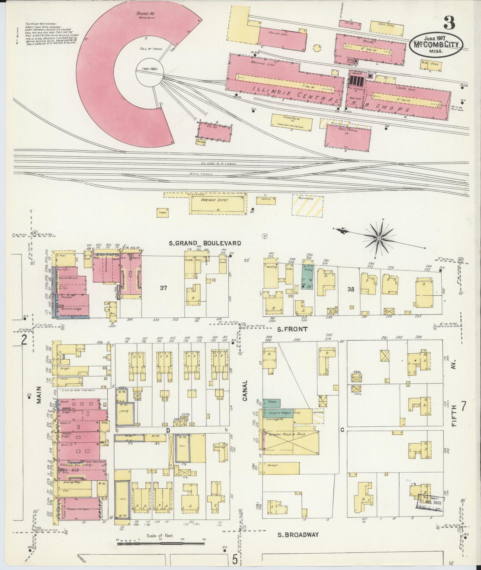 Sanborn Fire Insurance Map from McComb, Pike County, Mississippi (1907), Sheet #0003 - Complete Map Set gallery image, historic Sanborn map, vintage wall art, Mississippi Mississippi
