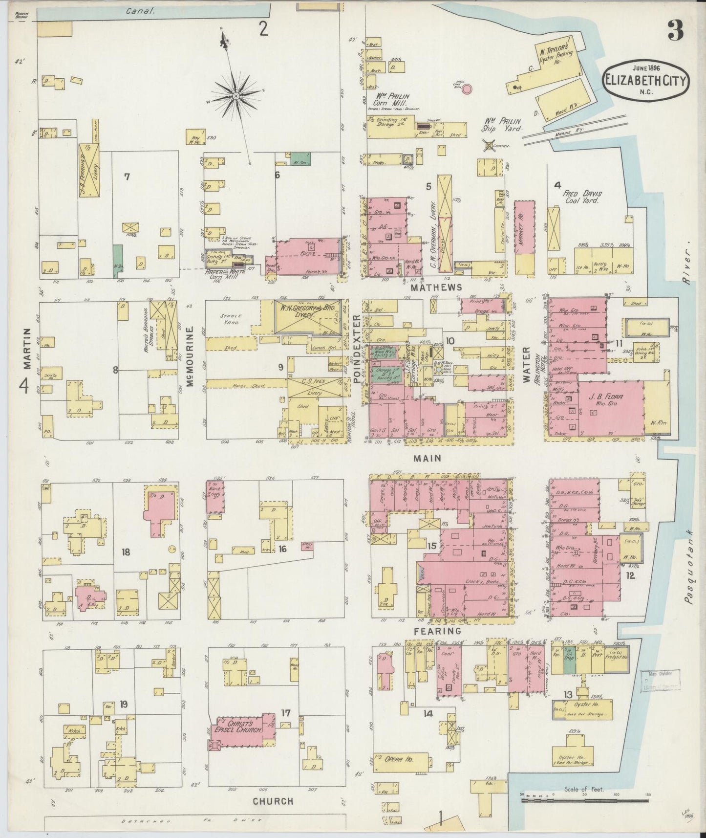 Sanborn Fire Insurance Map from Elizabeth City, Pasquotank County, North Carolina (1896), Sheet #0003 - Historic Sanborn Fire Insurance Map Print, vintage old map wall art, antique decor, genealogy gift, North Carolina North Carolina map