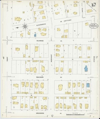 Sanborn Fire Insurance Map from Kankakee, Kankakee County, Illinois (1907), Sheet #0013 - Historic Sanborn Fire Insurance Map Print, vintage old map wall art, antique decor, genealogy gift, Illinois Illinois map