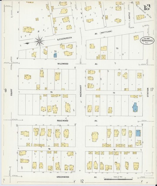 Sanborn Fire Insurance Map from Kankakee, Kankakee County, Illinois (1907), Sheet #0013 - Historic Sanborn Fire Insurance Map Print, vintage old map wall art, antique decor, genealogy gift, Illinois Illinois map