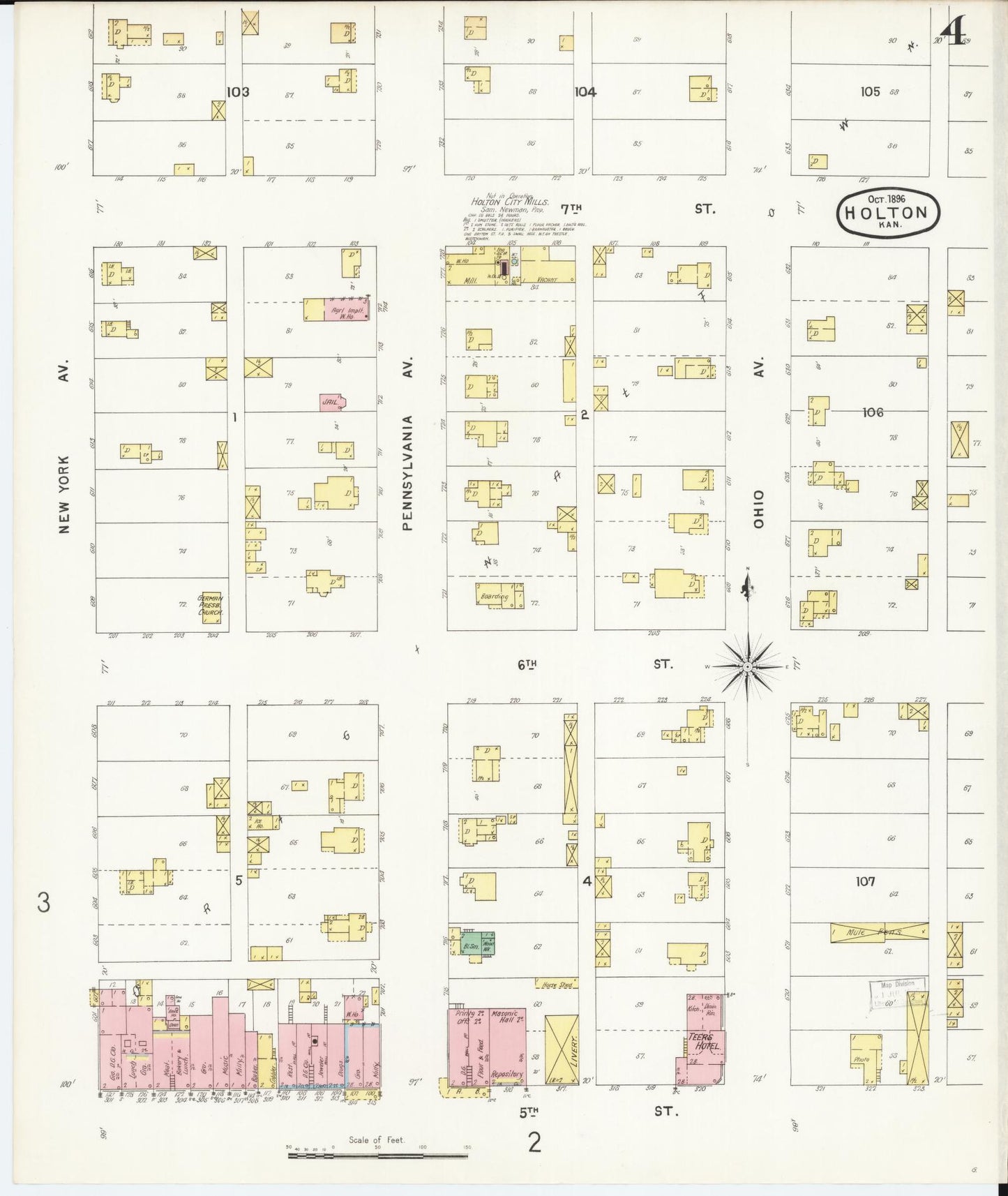 Sanborn Fire Insurance Map from Holton, Jackson County, Kansas (1896), Sheet #0004 - Historic Sanborn Fire Insurance Map Print, vintage old map wall art, antique decor, genealogy gift, Kansas Kansas map
