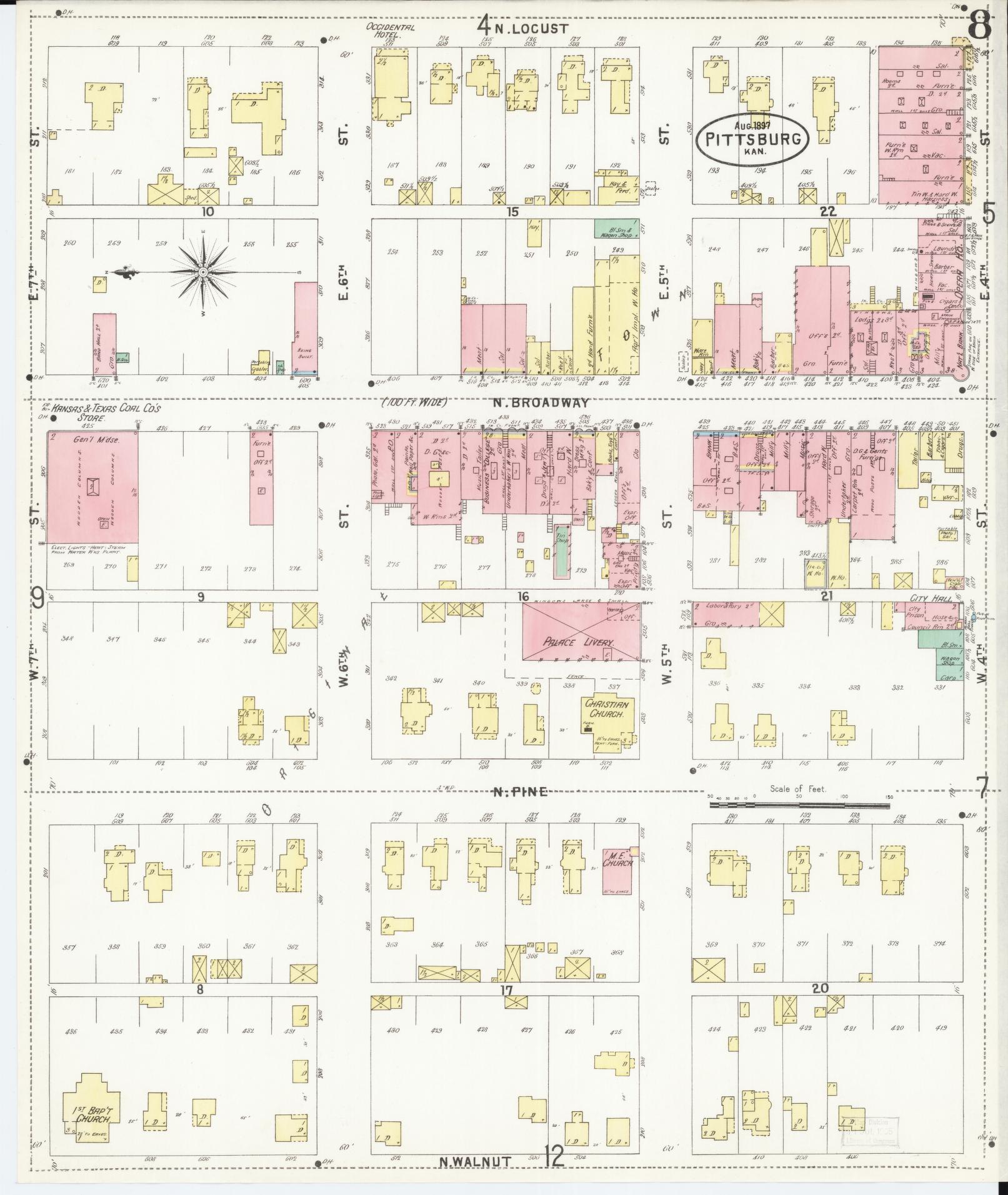 Sanborn Fire Insurance Map from Pittsburg, Crawford County, Kansas (1897), Sheet #0008 - Complete Map Set gallery image, historic Sanborn map, vintage wall art, Kansas Kansas
