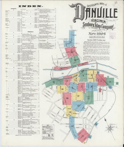 Sanborn Fire Insurance Map from Danville, Independent Cities, Virginia (1904), Sheet #0001 - Historic Sanborn Fire Insurance Map Print, vintage old map wall art, antique decor, genealogy gift, Virginia Virginia map