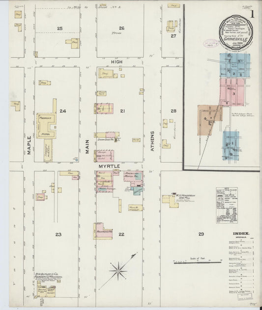 Sanborn Fire Insurance Map from Gainesville, Hall County, Georgia (1888), Sheet #0001 - Historic Sanborn Fire Insurance Map Print, vintage old map wall art, antique decor, genealogy gift, Georgia Georgia map