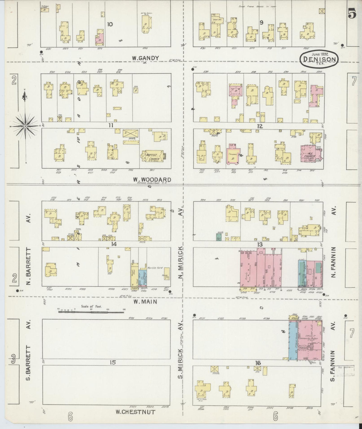 Sanborn Fire Insurance Map from Denison, Grayson County, Texas (1892), Sheet #0005 - Complete Map Set gallery image, historic Sanborn map, vintage wall art, Texas Texas