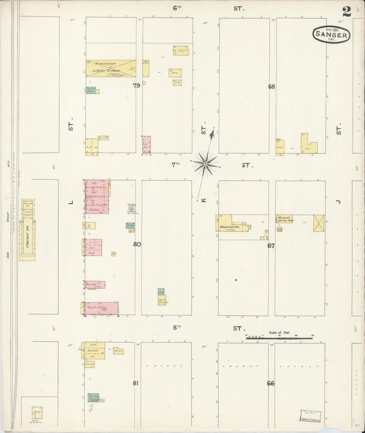 Sanborn Fire Insurance Map from Sanger, Fresno County, California (1891), Sheet #0002 - Complete Map Set gallery image, historic Sanborn map, vintage wall art, California California