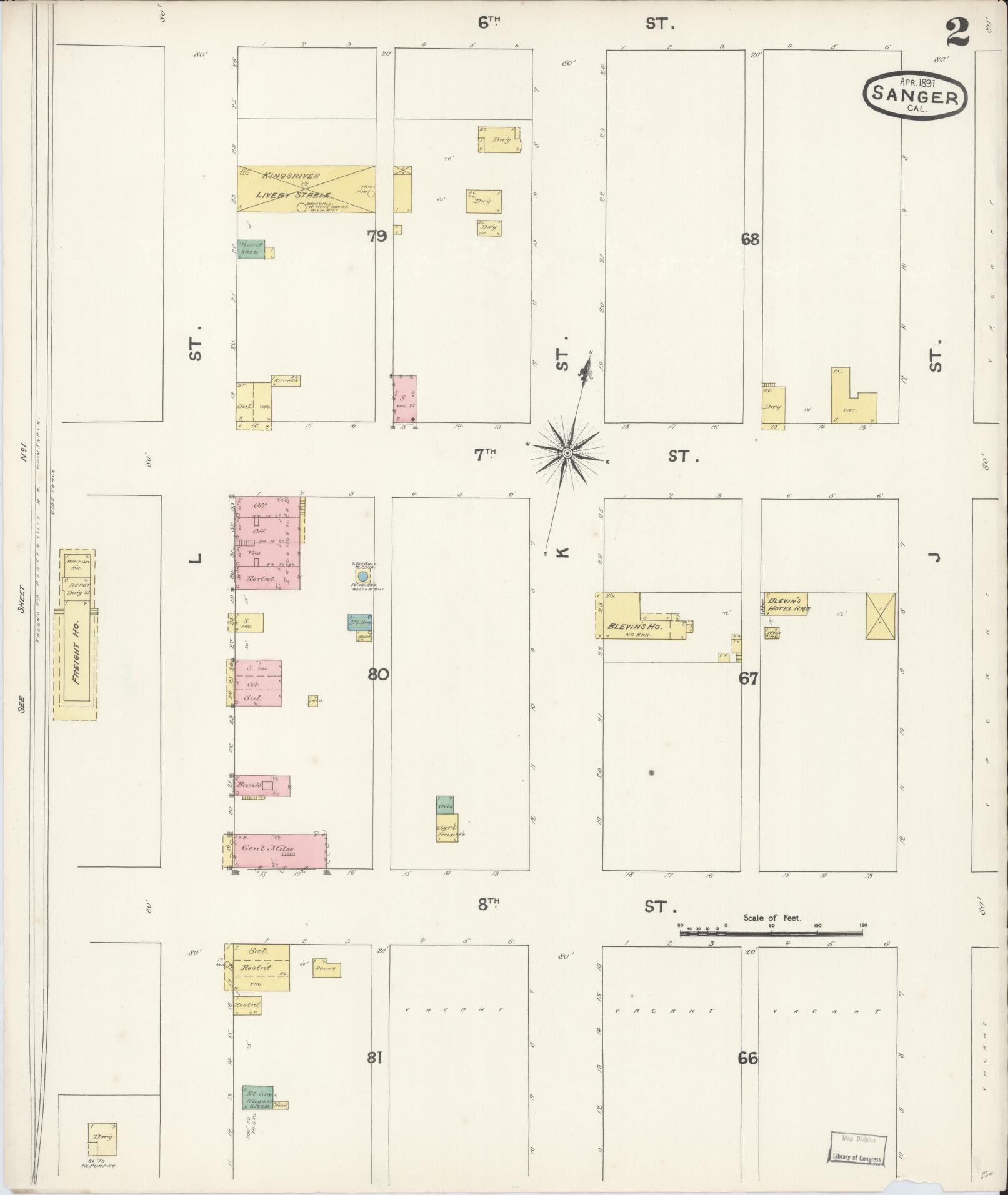 Sanborn Fire Insurance Map from Sanger, Fresno County, California (1891), Sheet #0002 - Complete Map Set gallery image, historic Sanborn map, vintage wall art, California California
