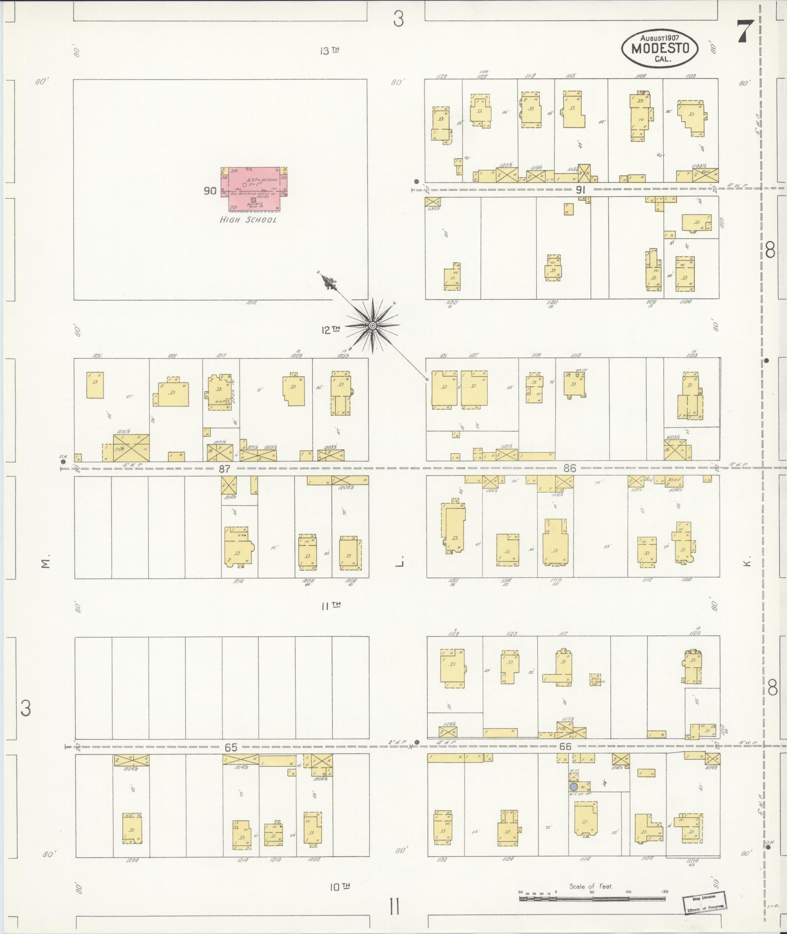 Sanborn Fire Insurance Map from Modesto, Stanislaus County, California (1907), Sheet #0007 - Historic Sanborn Fire Insurance Map Print, vintage old map wall art, antique decor, genealogy gift, California California map