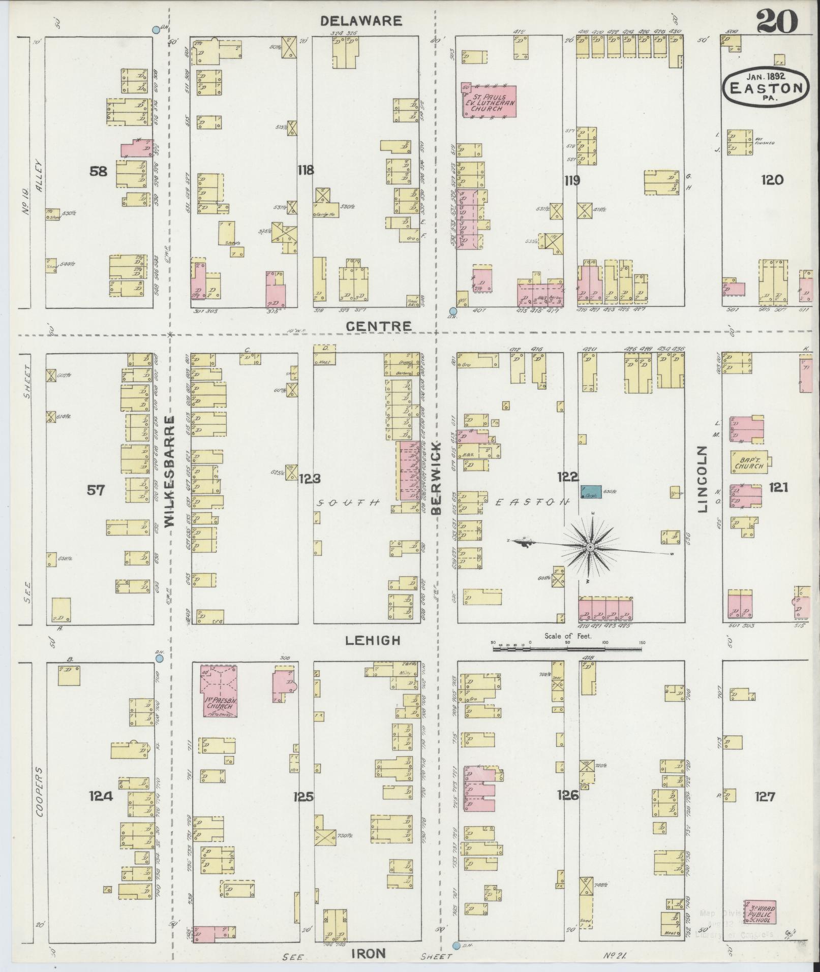 Sanborn Fire Insurance Map from Easton, Northampton County, Pennsylvania (1892), Sheet #0020 - Historic Sanborn Fire Insurance Map Print, vintage old map wall art, antique decor, genealogy gift, Pennsylvania Pennsylvania map
