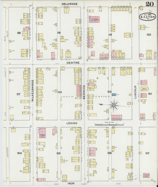 Sanborn Fire Insurance Map from Easton, Northampton County, Pennsylvania (1892), Sheet #0020 - Historic Sanborn Fire Insurance Map Print, vintage old map wall art, antique decor, genealogy gift, Pennsylvania Pennsylvania map