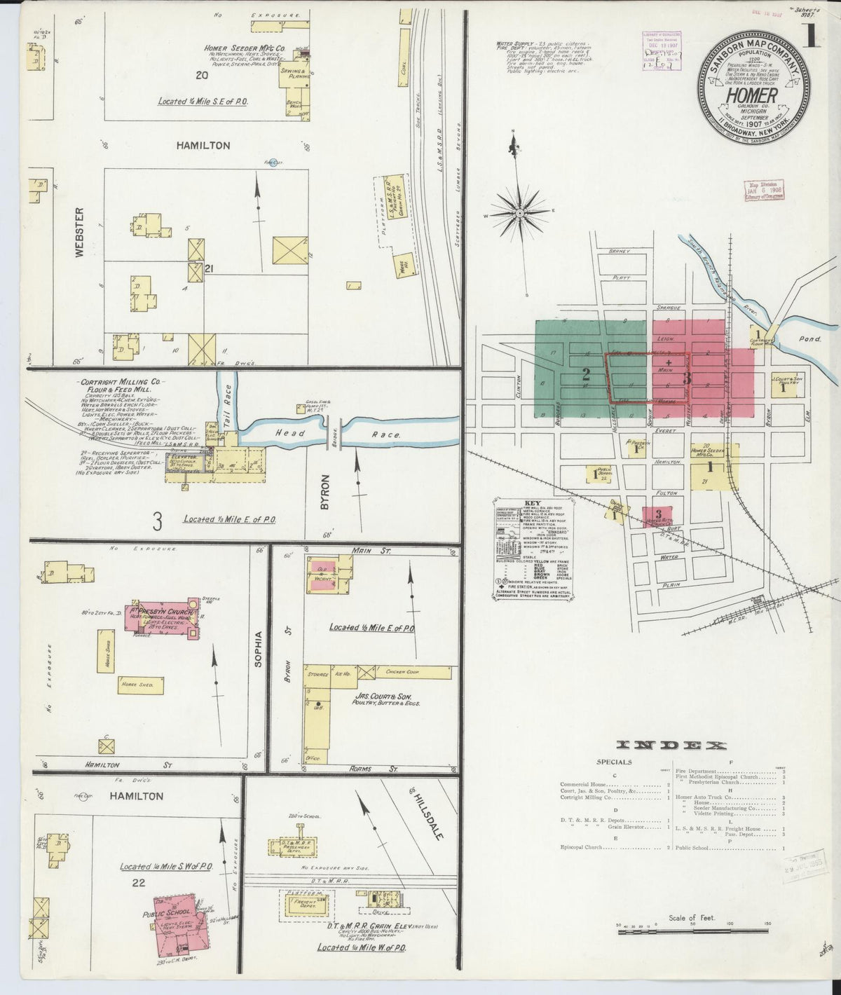 Sanborn Fire Insurance Map from Homer, Calhoun County, Michigan (1907), Sheet #0001 - Historic Sanborn Fire Insurance Map Print, vintage old map wall art, antique decor, genealogy gift, Michigan Michigan map