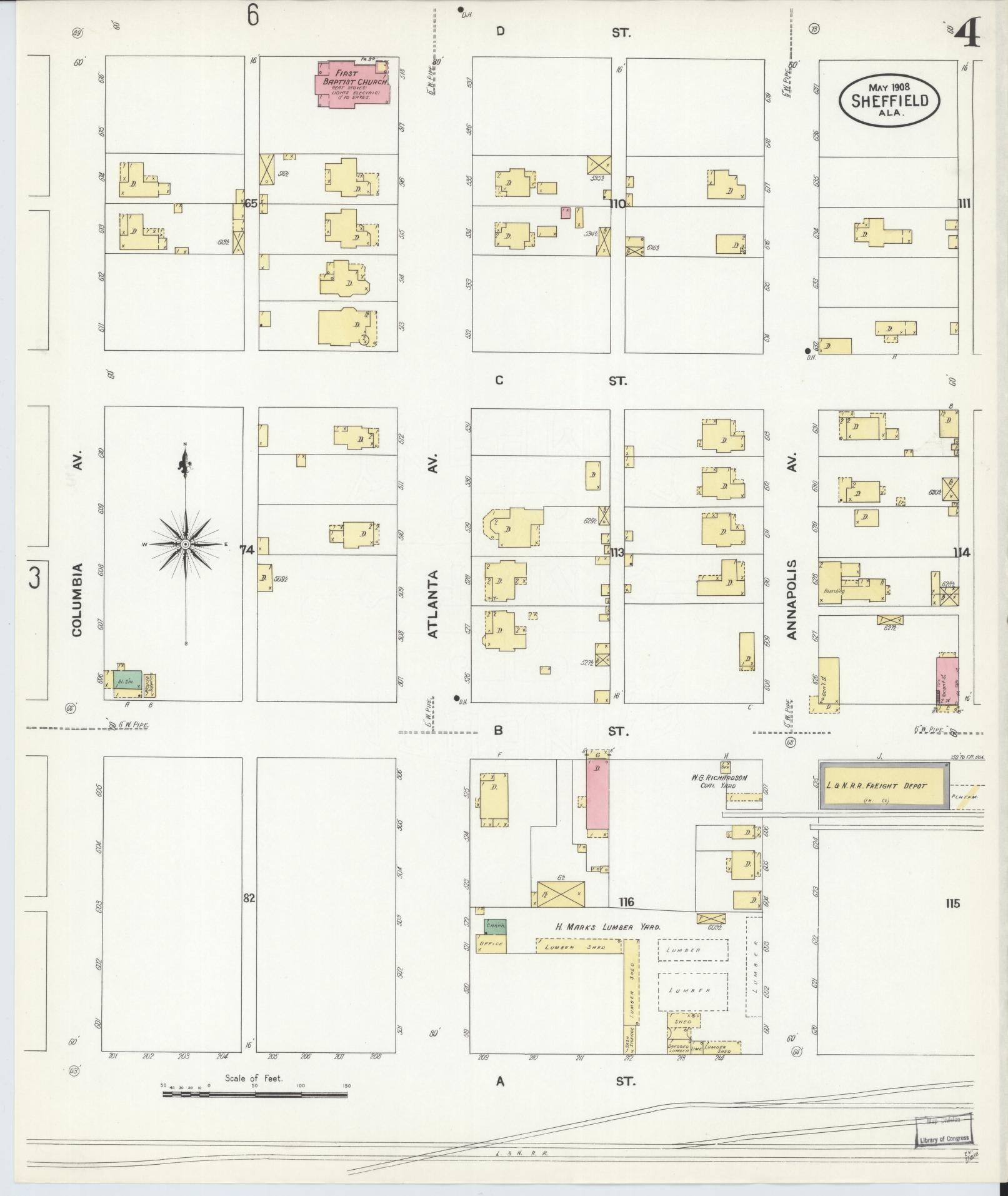 Sanborn Fire Insurance Map from Sheffield, Colbert County, Alabama (1908), Sheet #0004 - Historic Sanborn Fire Insurance Map Print, vintage old map wall art, antique decor, genealogy gift, Alabama Alabama map