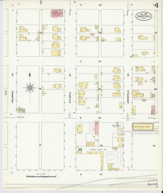 Sanborn Fire Insurance Map from Sheffield, Colbert County, Alabama (1908), Sheet #0004 - Historic Sanborn Fire Insurance Map Print, vintage old map wall art, antique decor, genealogy gift, Alabama Alabama map