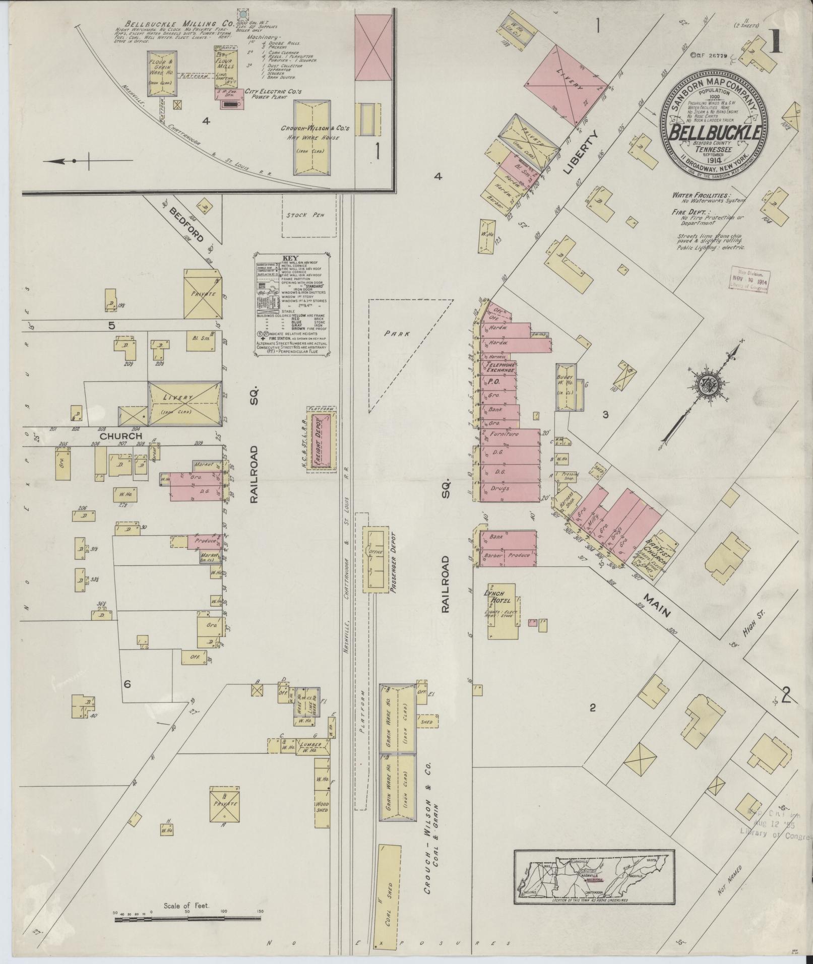 Sanborn Fire Insurance Map from Bell Buckle, Bedford County, Tennessee (1914), Sheet #0001 - Complete Map Set gallery image, historic Sanborn map, vintage wall art, Tennessee Tennessee