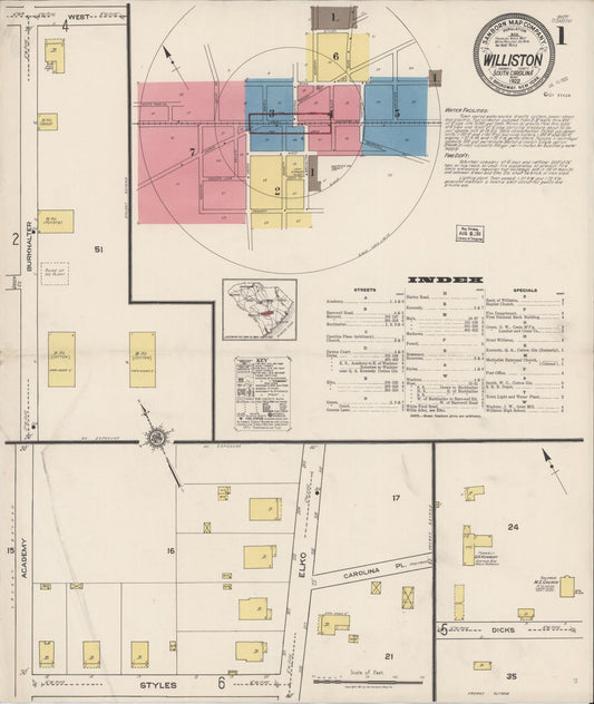 Sanborn Fire Insurance Map from Williston, Barnwell County, South Carolina (1922), Sheet #0001 - Complete Map Set gallery image, historic Sanborn map, vintage wall art, South Carolina South Carolina