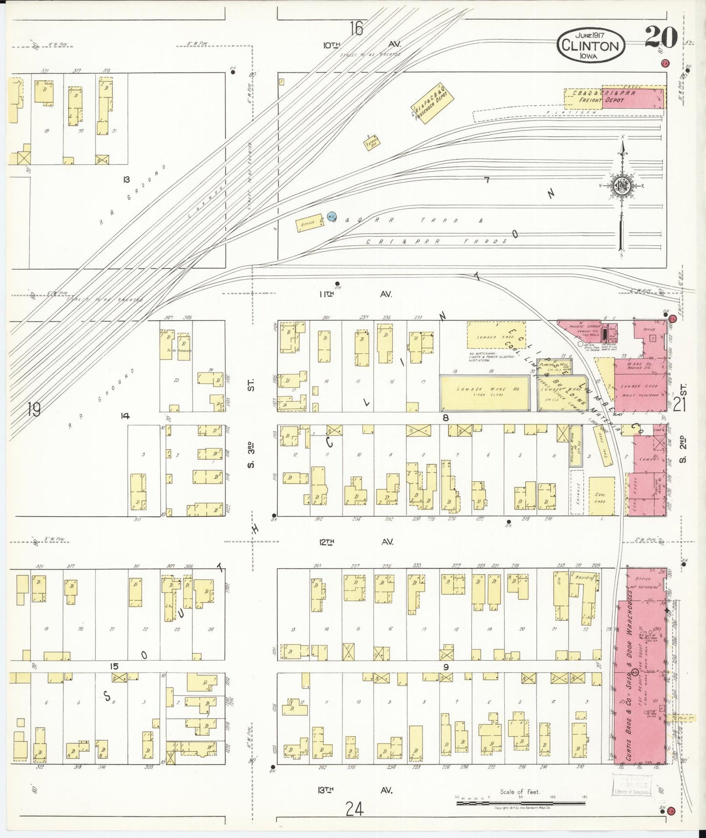 Sanborn Fire Insurance Map from Clinton, Clinton County, Iowa (1917), Sheet #0020 - Historic Sanborn Fire Insurance Map Print, vintage old map wall art