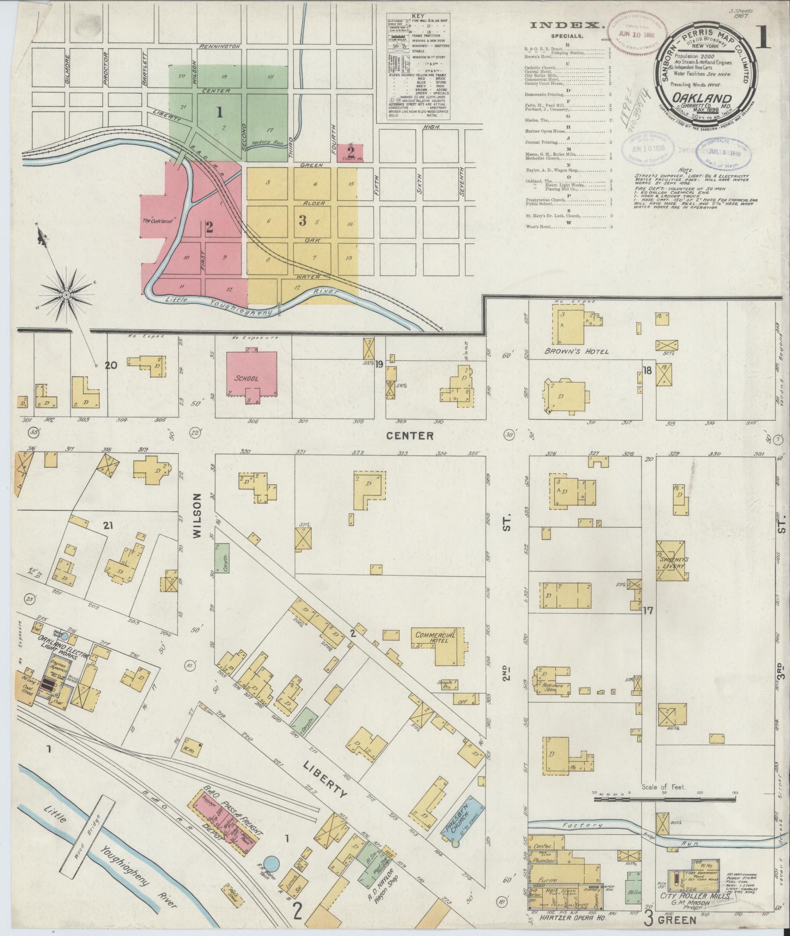 Sanborn Fire Insurance Map from Oakland, Garrett County, Maryland (1898), Sheet #0001 - Historic Sanborn Fire Insurance Map Print, vintage old map wall art, antique decor, genealogy gift, Maryland Maryland map